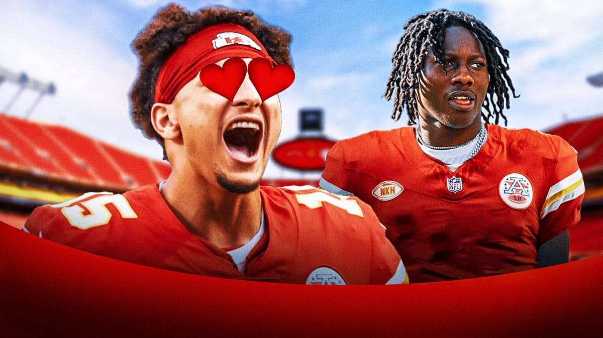 Patrick Mahomes with heart eyes looking at Marquise Brown in a Chiefs uniform.