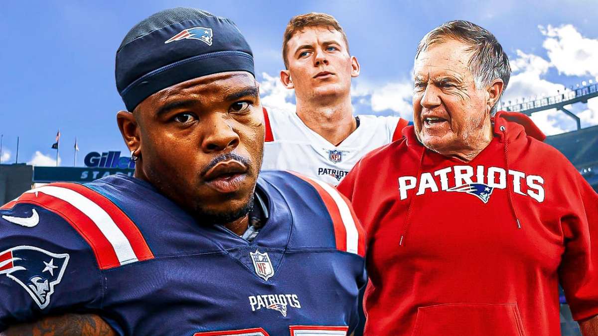 Damien Harris saying to Bill Belichick with Mac Jones behind him