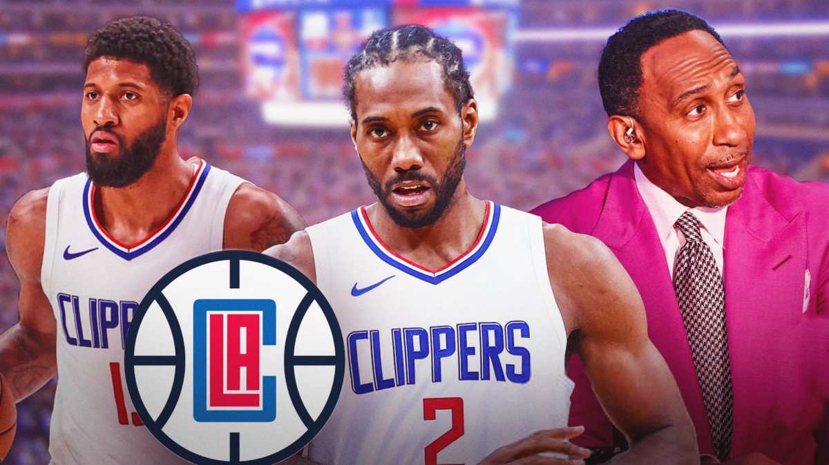 Clippers' Paul George stands to Kawhi Leonard amid injury news, Stephen A. Smith in background