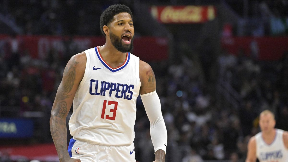 Los Angeles Clippers forward Paul George (13) celebrates after a three point basket in the fourth quarter against the Cleveland Cavaliers at Crypto.com Arena.