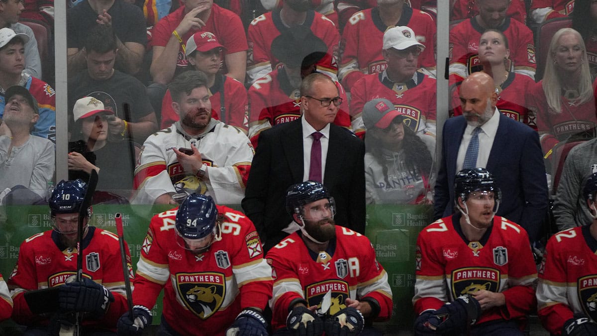 Florida Panthers head coach Paul Maurice watches play during the first period against the Edmonton Oilers in game five of the 2024 Stanley Cup Final at Amerant Bank Arena.