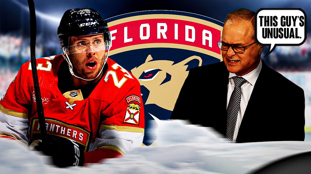 Florida Panthers head coach Paul Maurice with center Carter Verhaeghe. Maurice has a speech bubble that says “This guy’s unusual.” There is also a logo for the Florida Panthers.