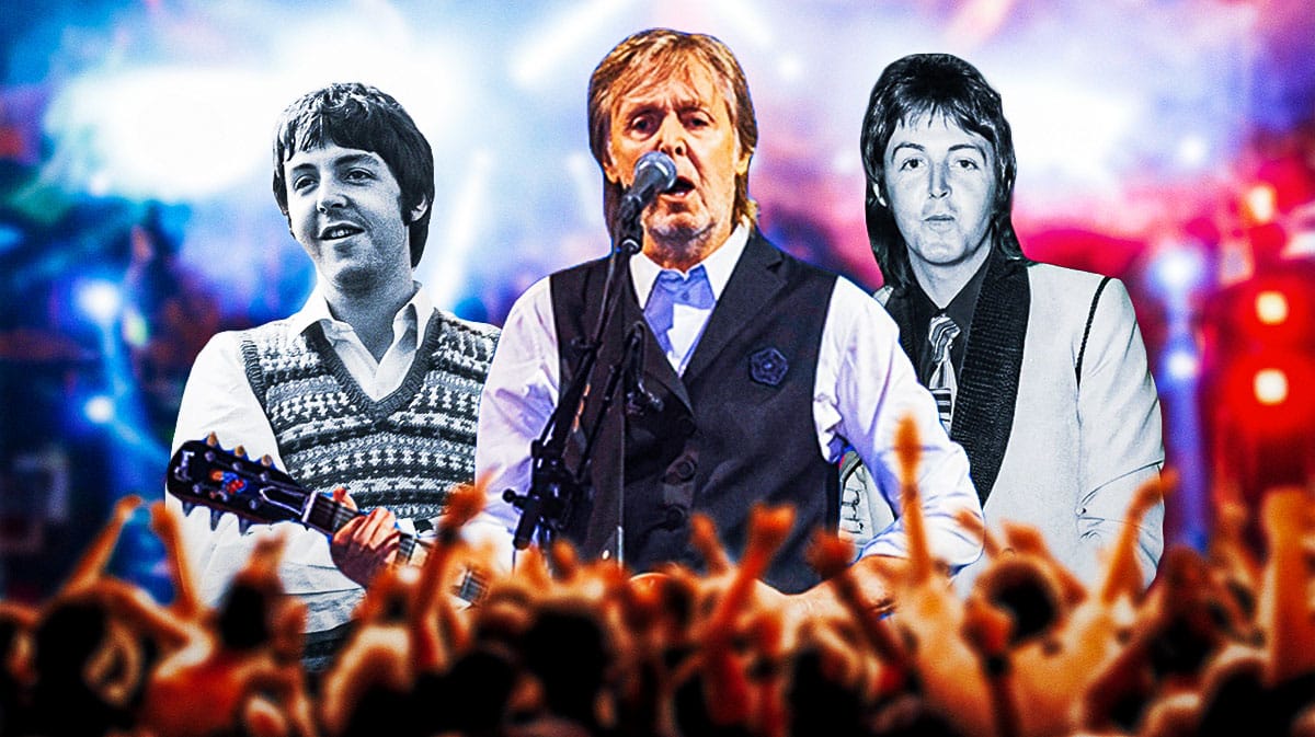 Paul McCartney from 60s with the Beatles, modern day, and 70s in the Wings era.