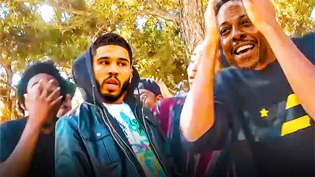 Jayson Tatum (Celtics) as the guy on LEFT with the hoodie and Paul Pierce as the guy on RIGHT with hands on head
