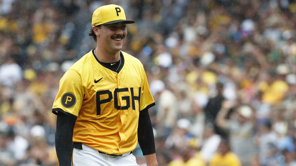 Pittsburgh Pirates starting pitcher Paul Skenes (30) reacts after pitching the seventh inning against the Tampa Bay Rays at PNC Park.