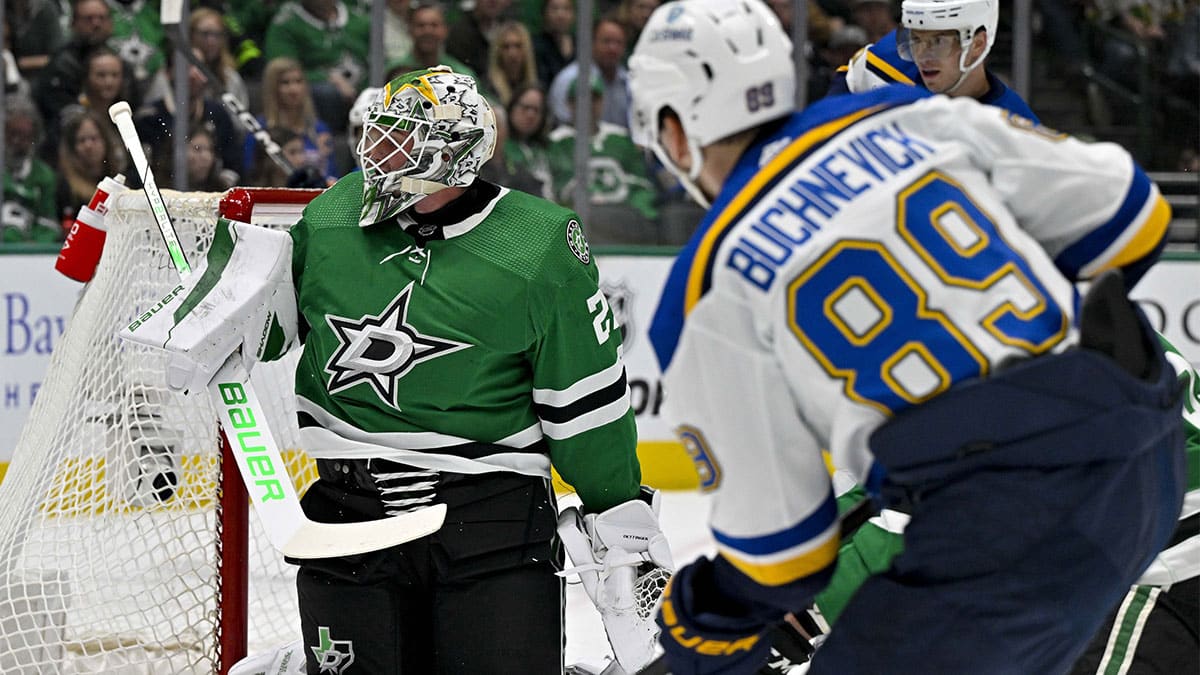 Dallas Stars goaltender Jake Oettinger (29) turns aside a shot by St. Louis Blues left wing Pavel Buchnevich (89) during the first period at the American Airlines Center.