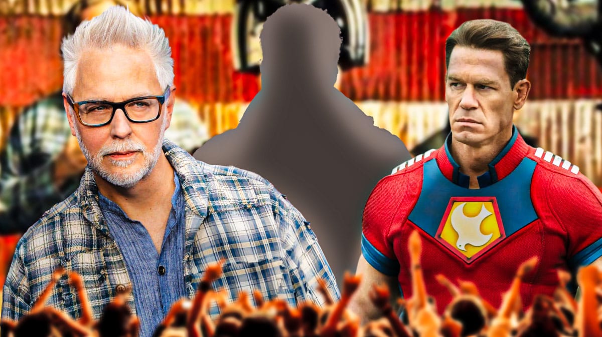 James Gunn and John Cena as DCU Peacemaker with Mean Girls and Peacemaker Season 2 star Tim Meadows as silhouette.
