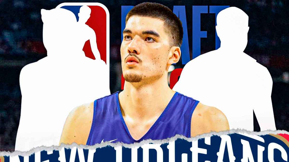 Zach Edey and two blank silhouettes with a Pelicans and NBA Draft logo.