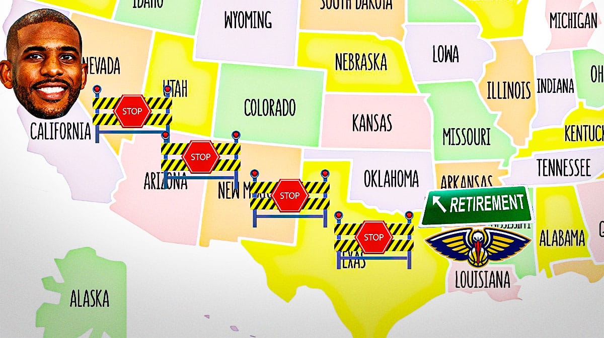 Map of the USA with Chris Paul in California and the Pelicans logo over Louisiana. Put a few roadblock signs in between with Retirement off ramp.