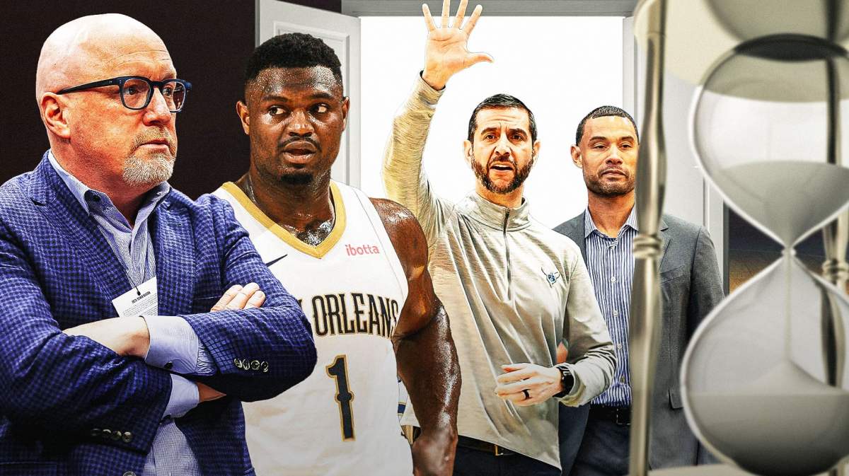 David Griffin and Zion Williamson on one side. An hour glass with more sand, Trajan Langdon and James Borrego walking out a door waving goodbye.