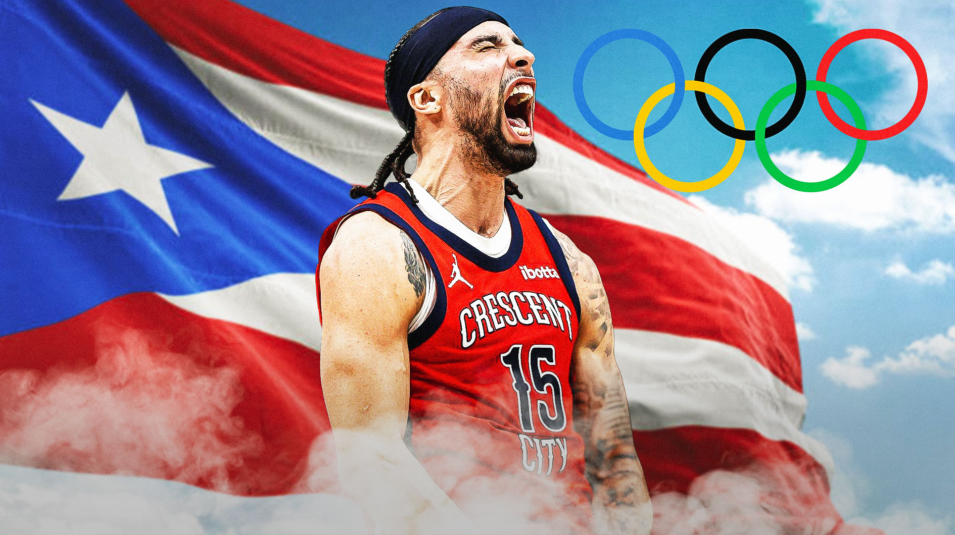 Jose Alvarado, the Puerto Rican national team flag, and the Olympic rings in the background