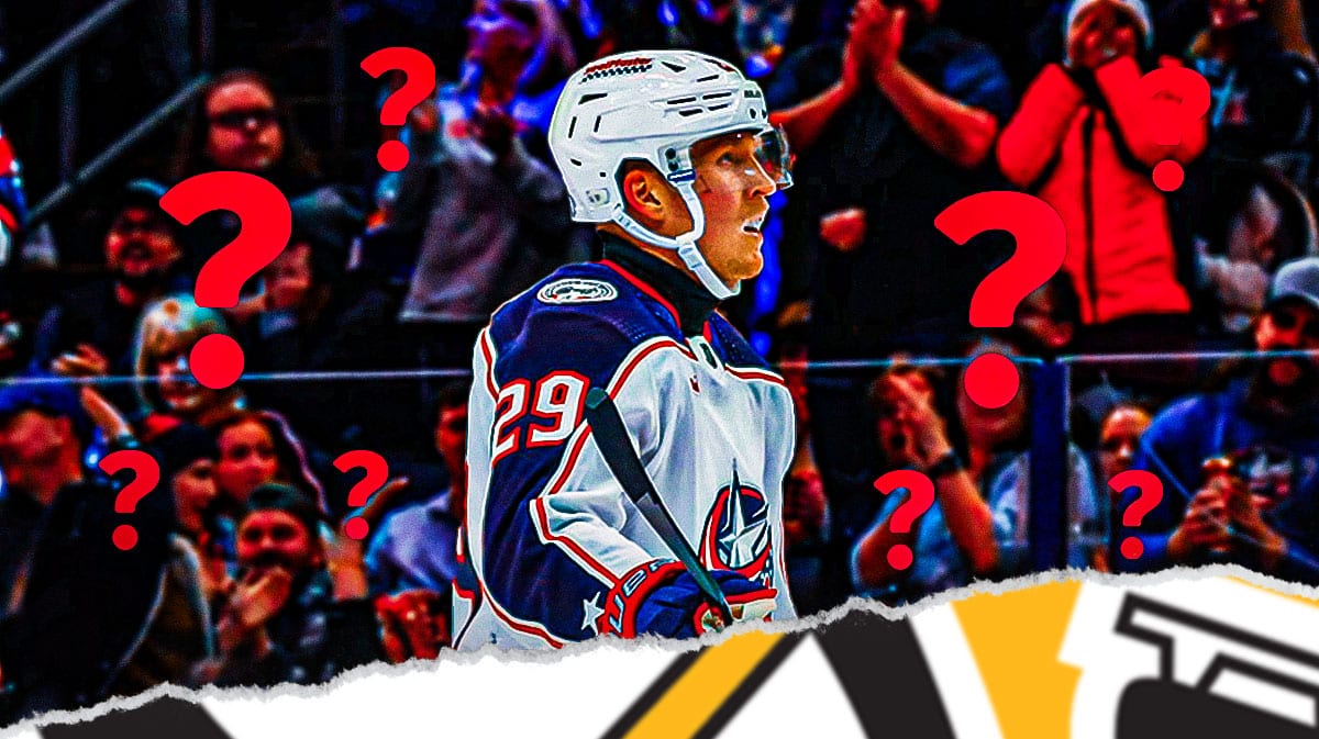 Patrik Laine in image looking stern, Pittsburgh Penguins logo, 3-5 question marks, hockey rink in background