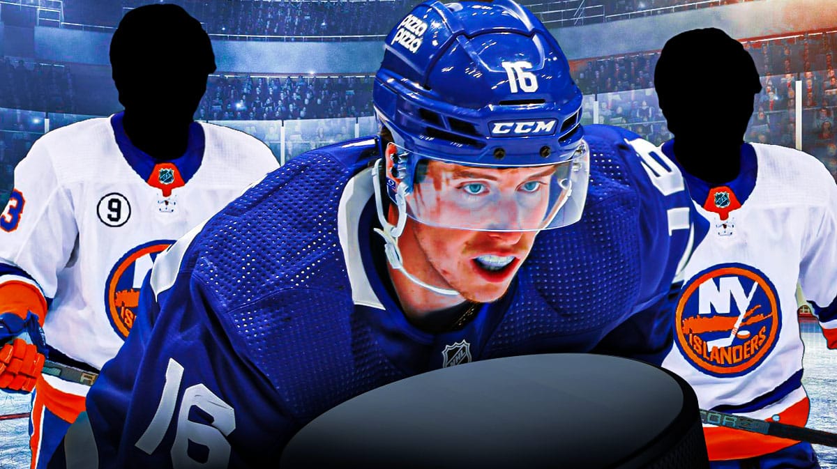 Mitch Marner in a New York Islanders jersey. Two player silhouettes in an Islanders jersey alongside him with an Islanders logo in background.