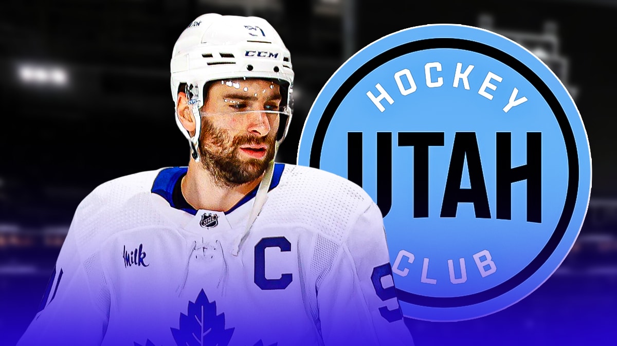 John Tavares with the new Utah Hockey Club logo