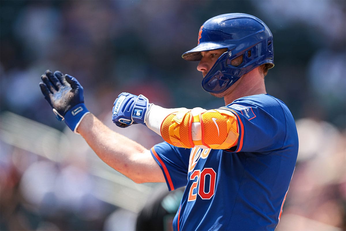 New York Mets first baseman Pete Alonso (20) reacts after hitting an RBI single during the third inning against the Arizona Diamondbacks at Citi Field.