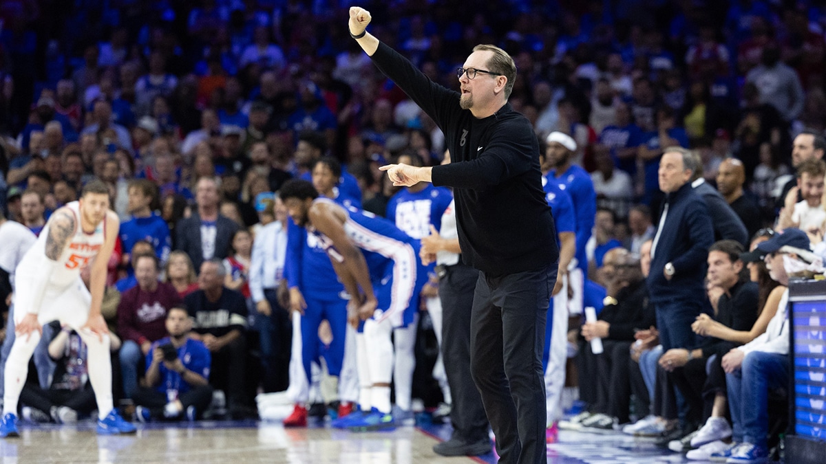 May 2, 2024; Philadelphia, Pennsylvania, USA; Philadelphia 76ers head coach Nick Nurse against the New York Knicks during game six of the first round for the 2024 NBA playoffs at Wells Fargo Center. Mandatory Credit: Bill Streicher-USA TODAY Sports