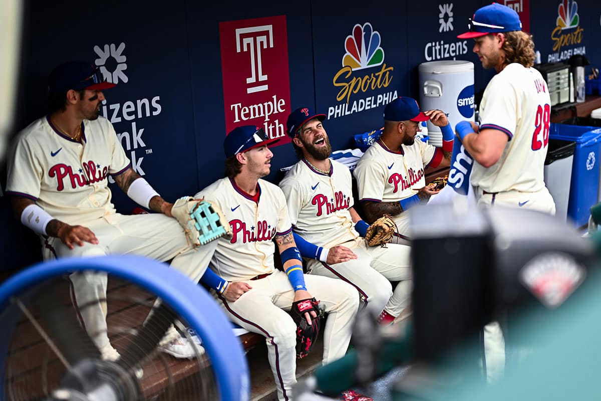 Philadelphia Phillies first baseman Bryce Harper (3) reacts with teammates before the game against the Milwaukee Brewers at Citizens Bank Park.