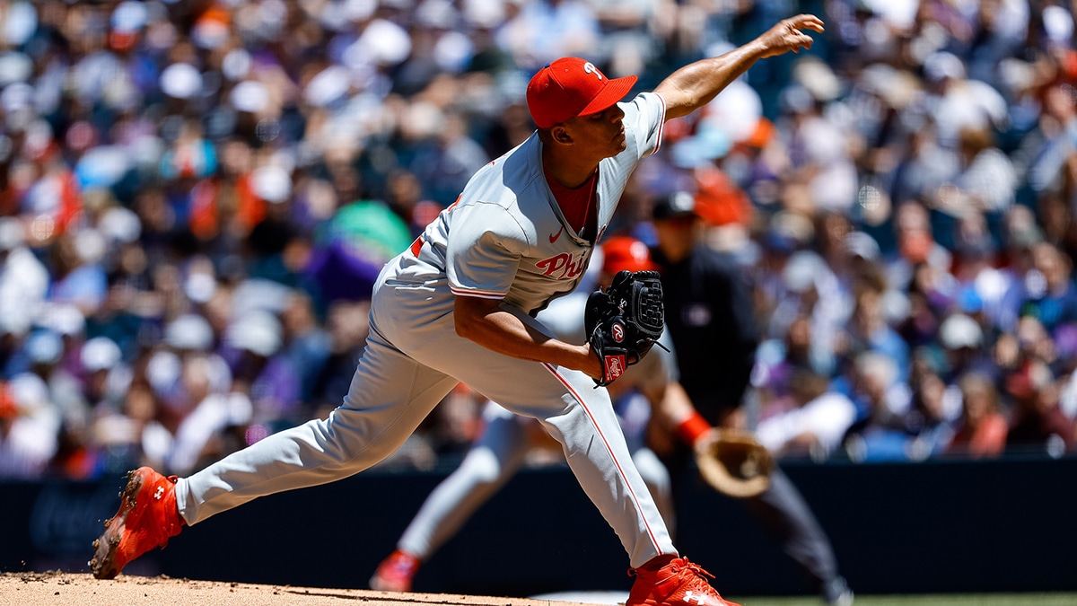 Philadelphia Phillies starting pitcher Ranger Suarez (55) pitches in the first inning against the Colorado Rockies