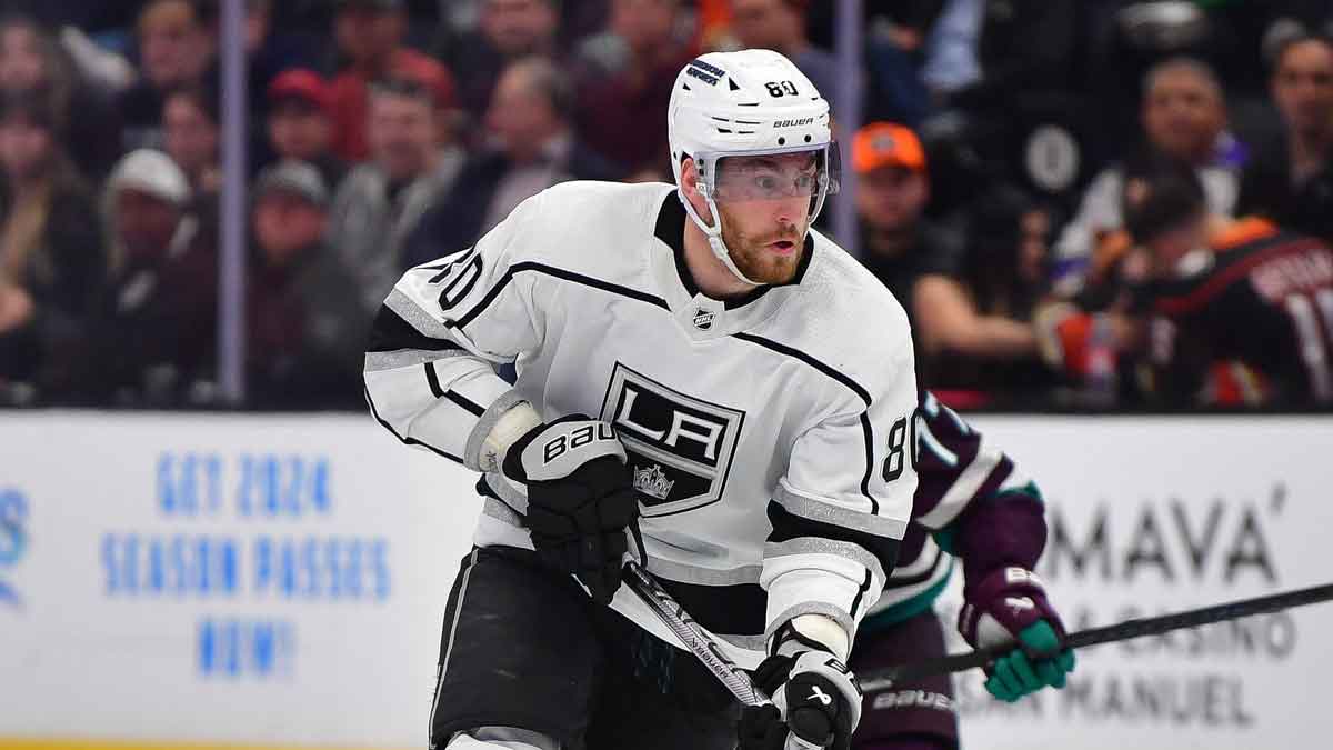 Los Angeles Kings center Pierre-Luc Dubois (80) moves the puck against the Anaheim Ducks during the third period at Honda Center.