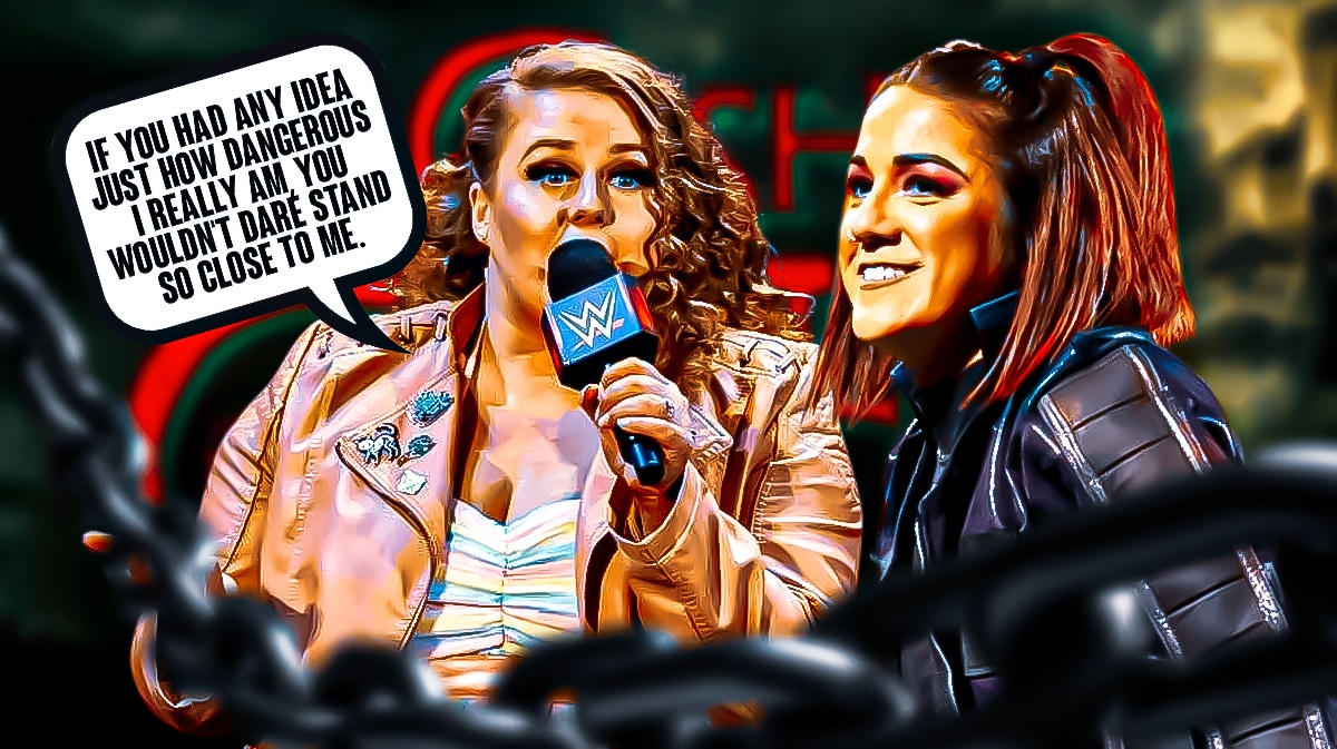 Piper Niven with a text bubble reading "If you had any idea just how dangerous I really am, you wouldn't dare stand so close to me." next to Bayley with the Clash at the Castle logo as the background.