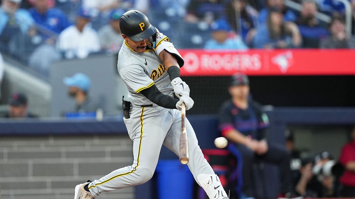 Pittsburgh Pirates second baseman Nick Gonzales (39) hits a single against the Toronto Blue Jays during the fifth inning at Rogers Centre.