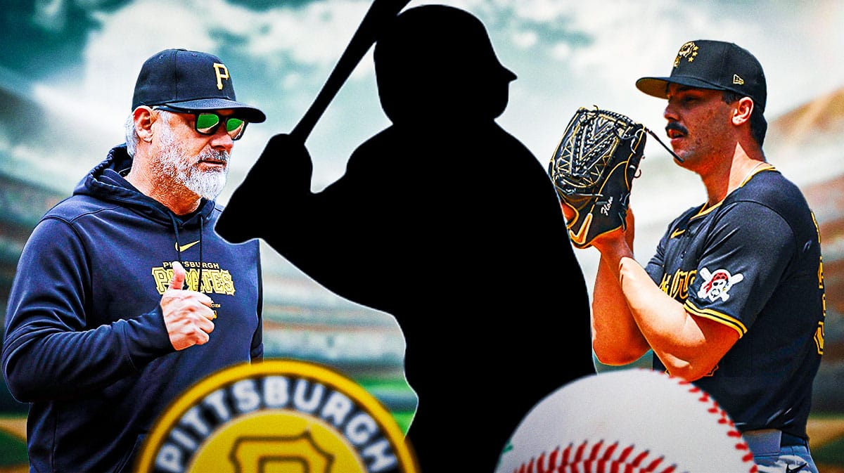 Pirates manager Derek Shelton and Paul Skenes looking at a silhouette.