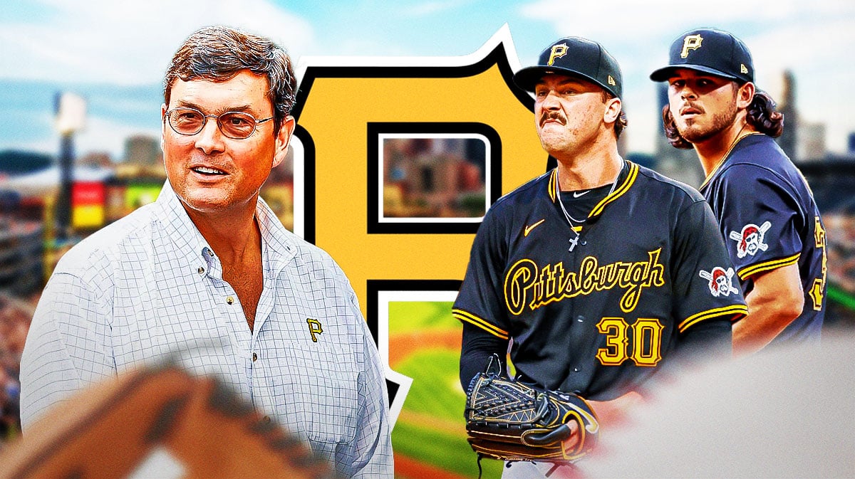 Pirates Bob Nutting next to Paul Skenes and Jared Jones