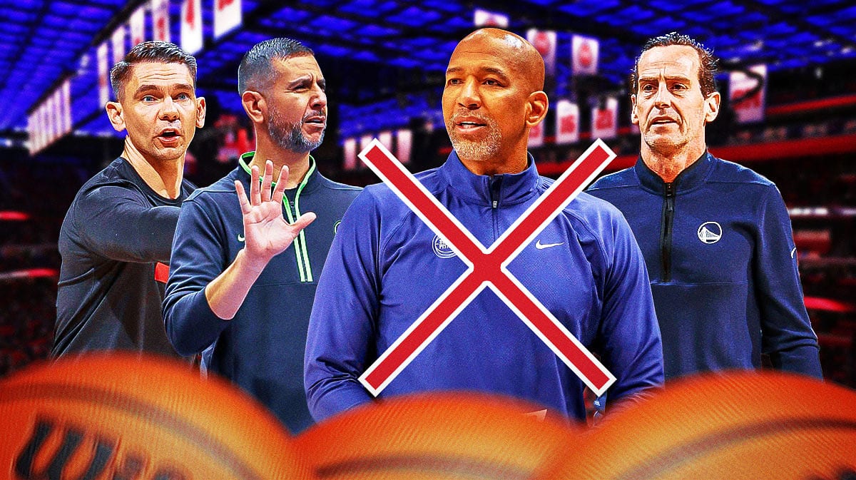 Photo: Monty Williams in Pistons coaching gear with an X through him, James Borrego, Kenny Atkinson, Chris Quinn behind him coaching