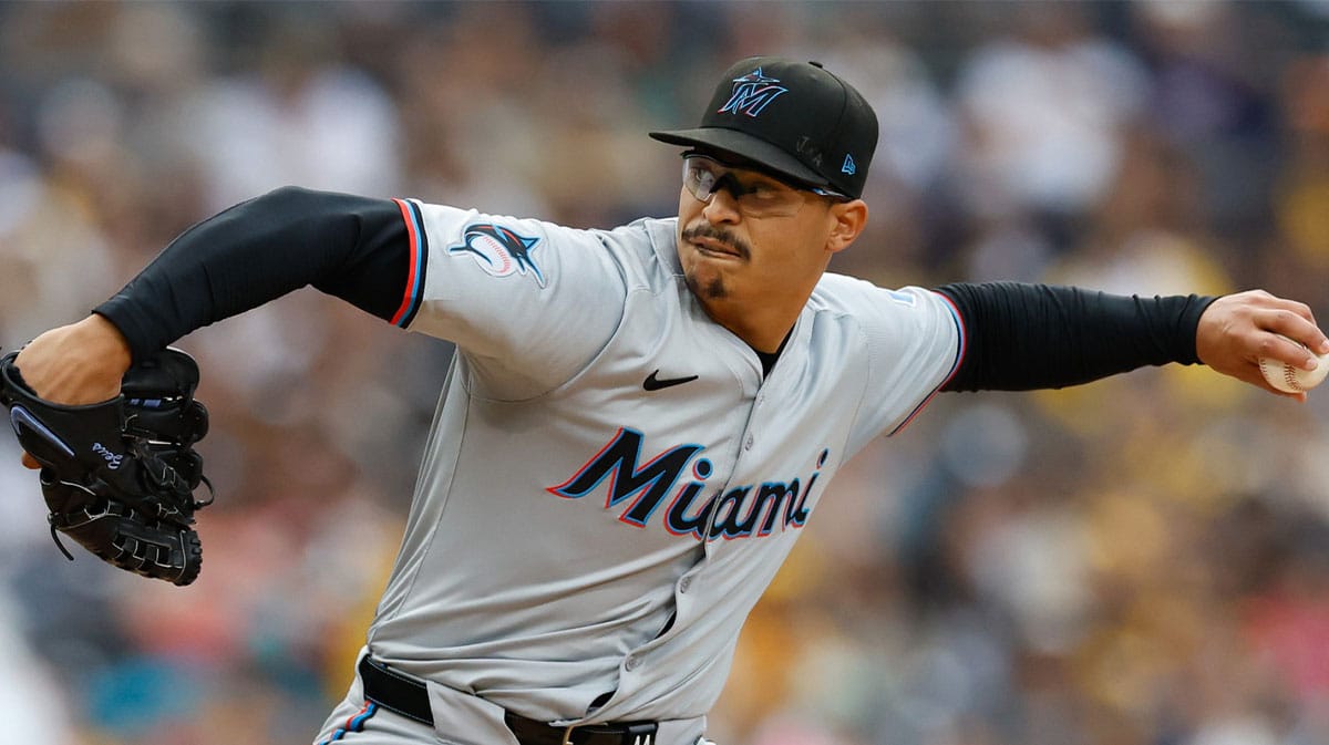 Miami Marlins starting pitcher Jesus Luzardo (44) throws a pitch during the first inning against the San Diego Padres at Petco Park.