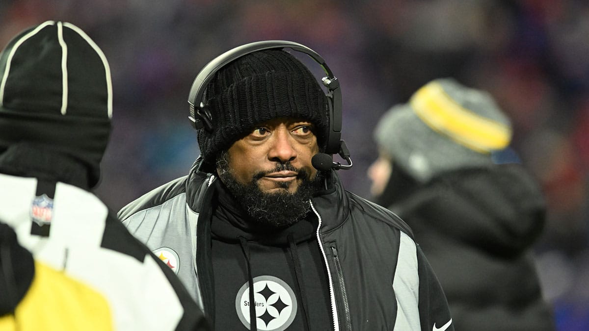 Jan 15, 2024; Orchard Park, New York, USA; Pittsburgh Steelers head coach Mike Tomlin reacts in the in the second half against the Buffalo Bills in a 2024 AFC wild card game at Highmark Stadium. Mandatory Credit: Mark Konezny-USA TODAY Sports