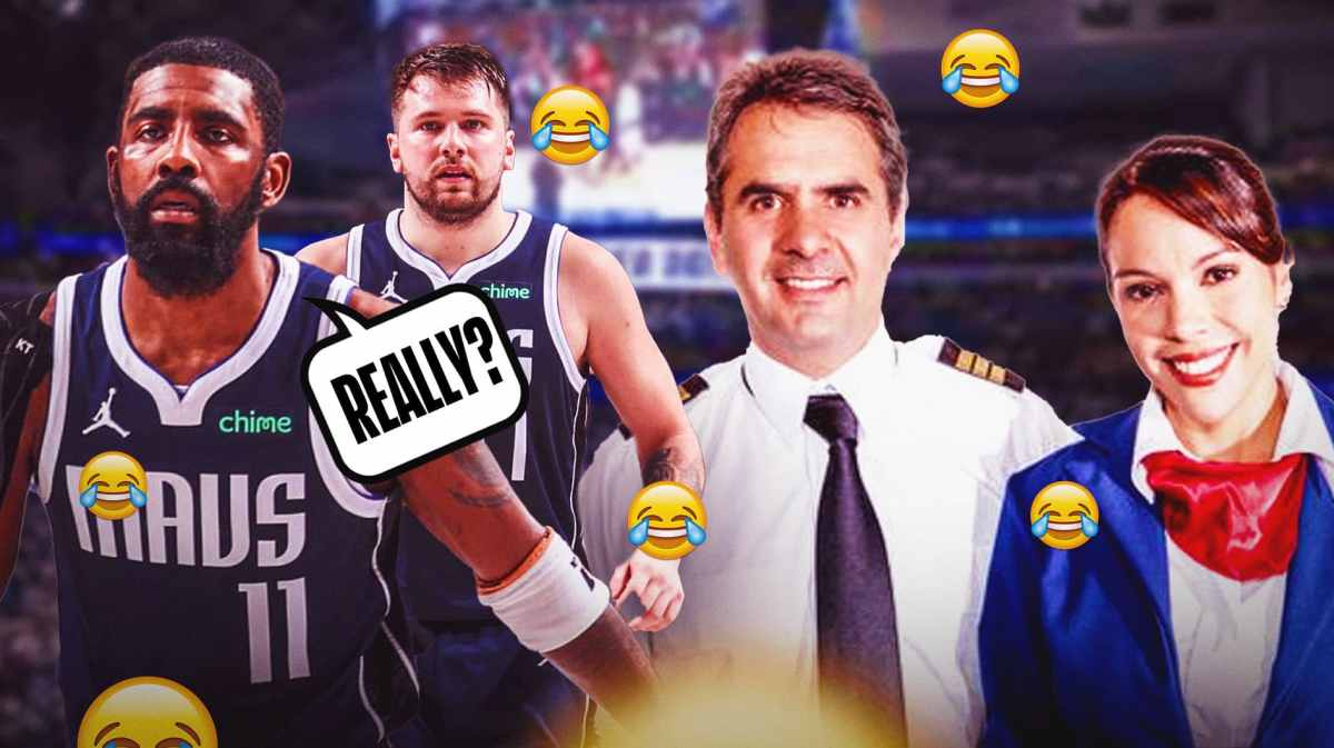 Kyrie Irving and Luka Doncic next to a pilot and flight attendant