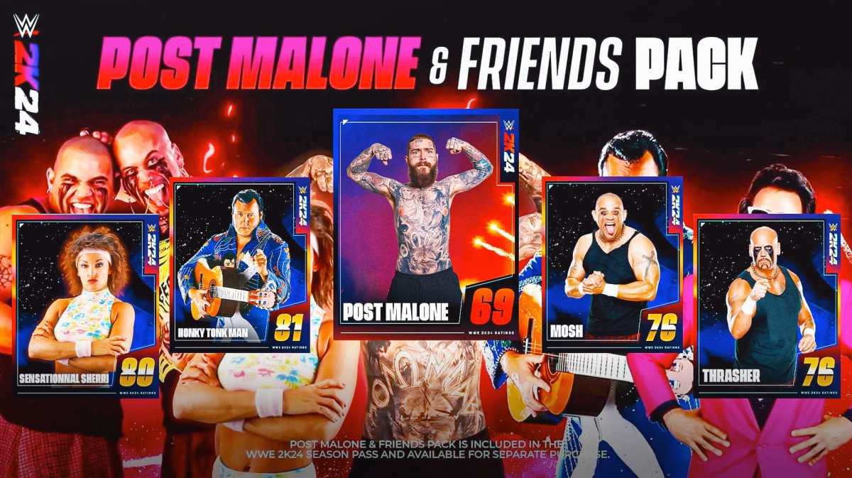 WWE 2K24 Post Malone and Friends Pack Release Date Price Details Honky Tonk Man Post Malone Sensational Sherri Headbangers Mosh Thrasher Jimmy Hart