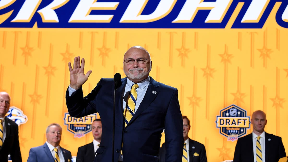Nashville Predators incoming general manager Barry Trotz announces the twenty fourth pick in round one of the 2023 NHL Draft at Bridgestone Arena.
