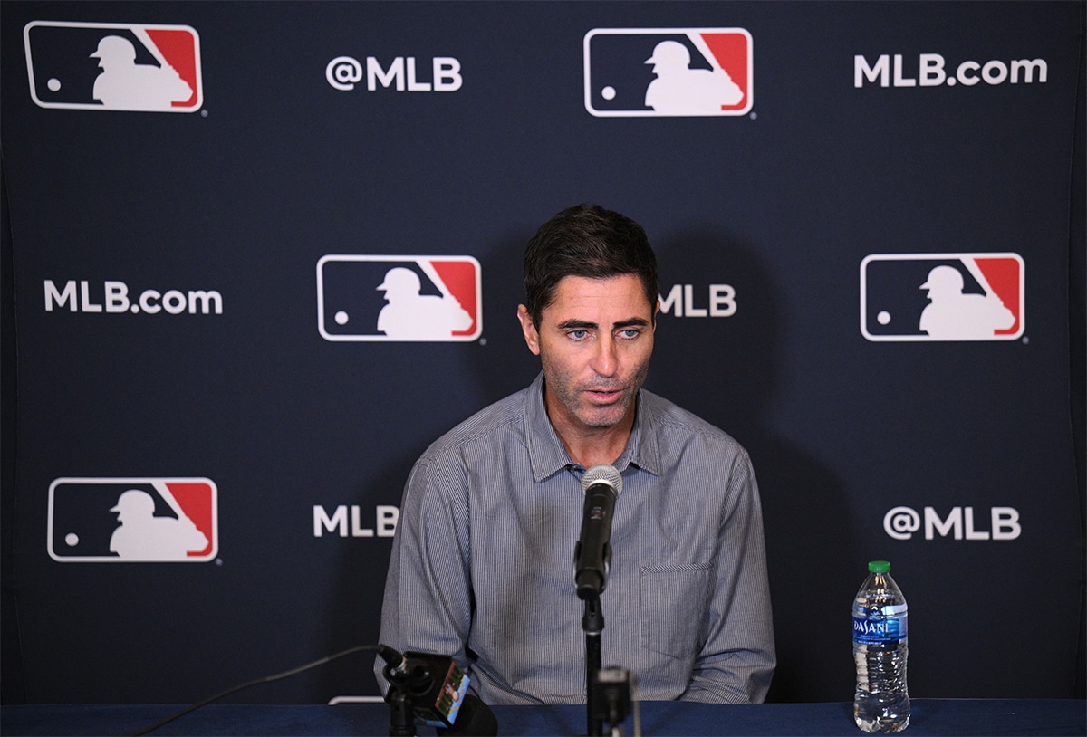 San Diego Padres president of baseball operations and general manager A.J. Preller speaks to the media at Manchester Grand Hyatt.