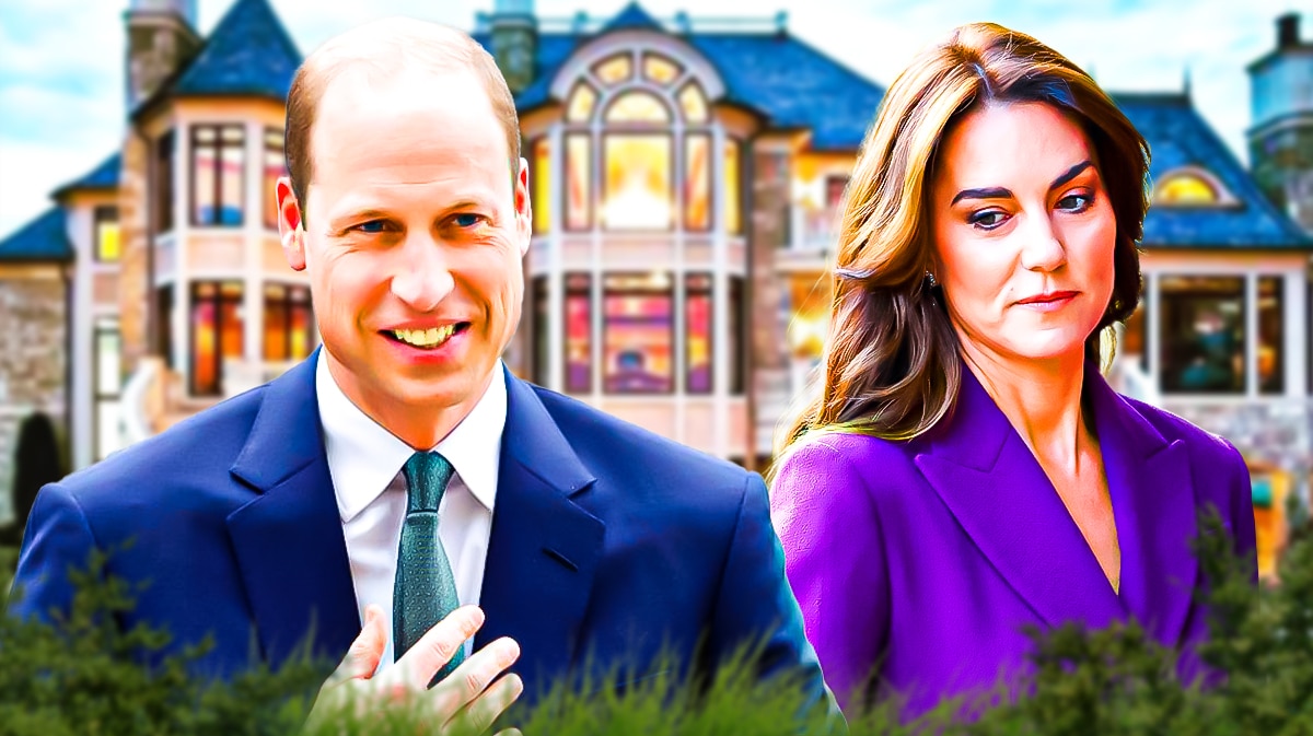 Prince William and Princess Kate with a mansion behind him