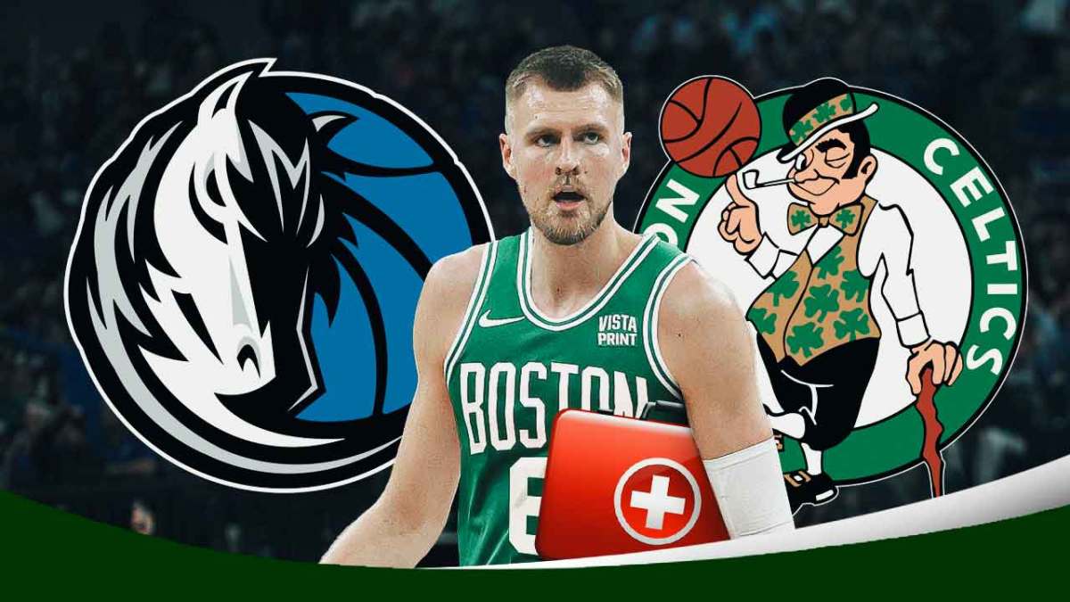 Kristaps Porzingis with animated tears while holding a first-aid kit .Mavericks and Celtics logos in the background