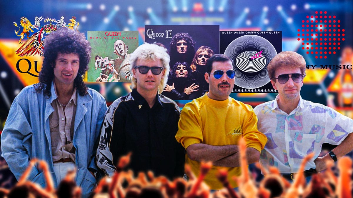 Queen logo and Sony Music logo with album covers of News of the World, Queen 2, and Jazz and band members Brian May, Roger Taylor, Freddie Mercury, and John Deacon.