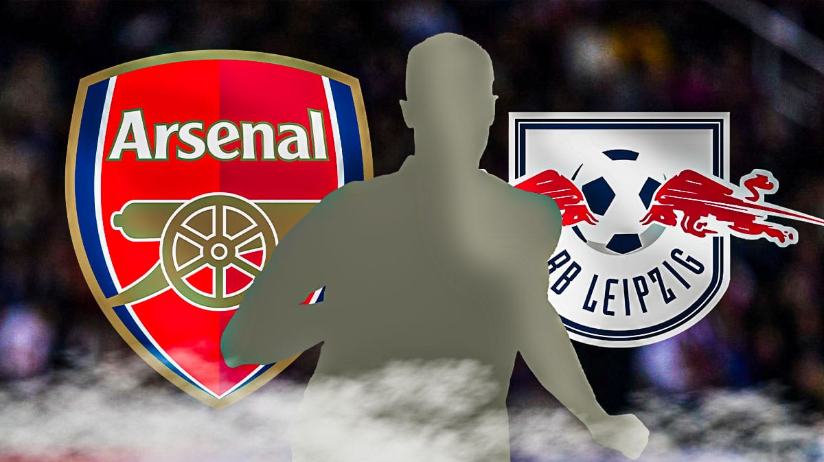 The silhouette of Benjamin Sesko in front of the Arsenal and RB Leipzig logos