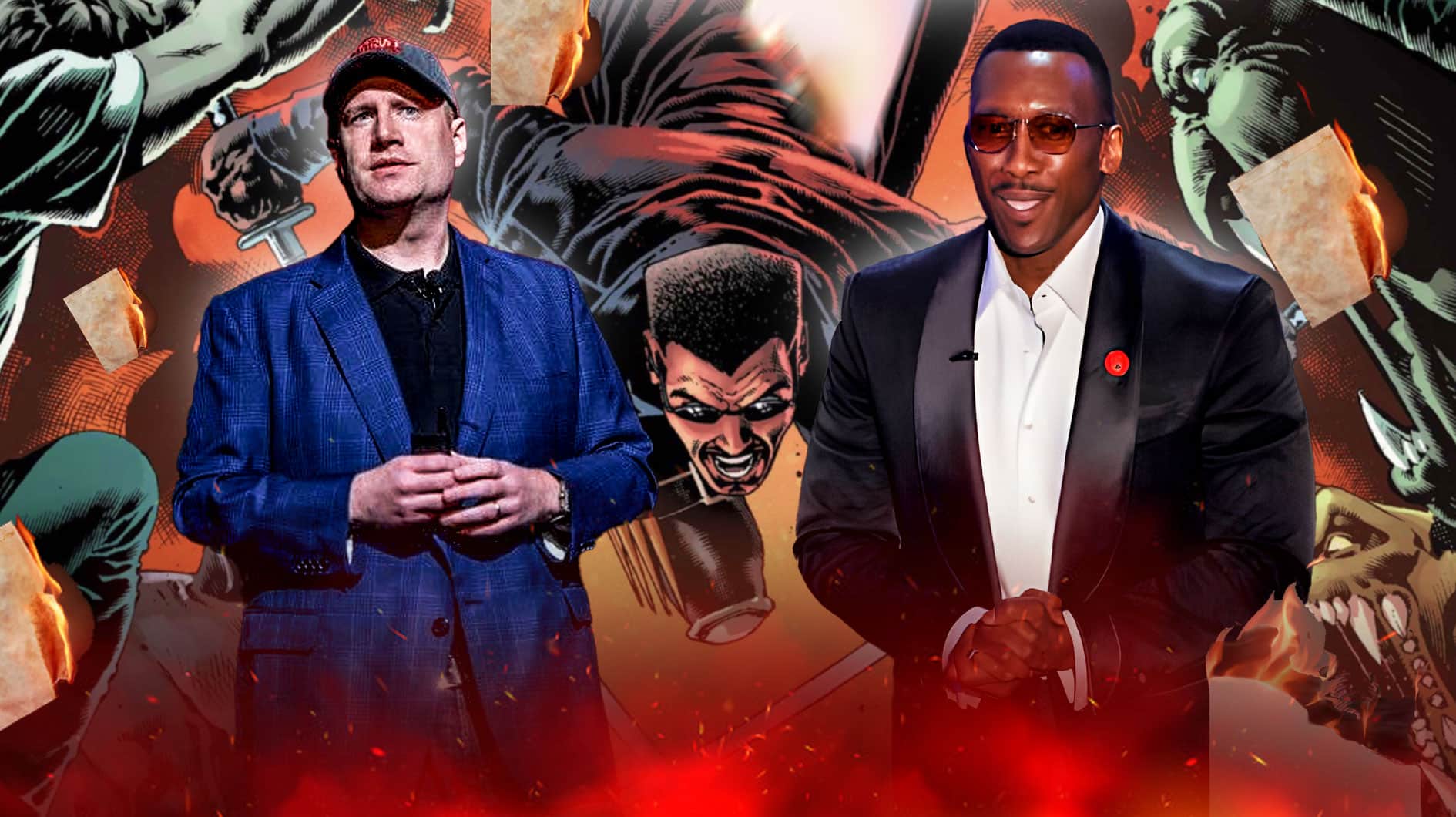 Mahershala Ali and Kevin Feige with a comic panel of Blade in between