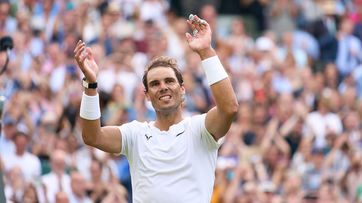 Rafael Nadal (ESP) celebrates match point after his marathon quarter finals men s singles match against Taylor Fritz (USA) on Centre court at All England Lawn Tennis and Croquet Club.