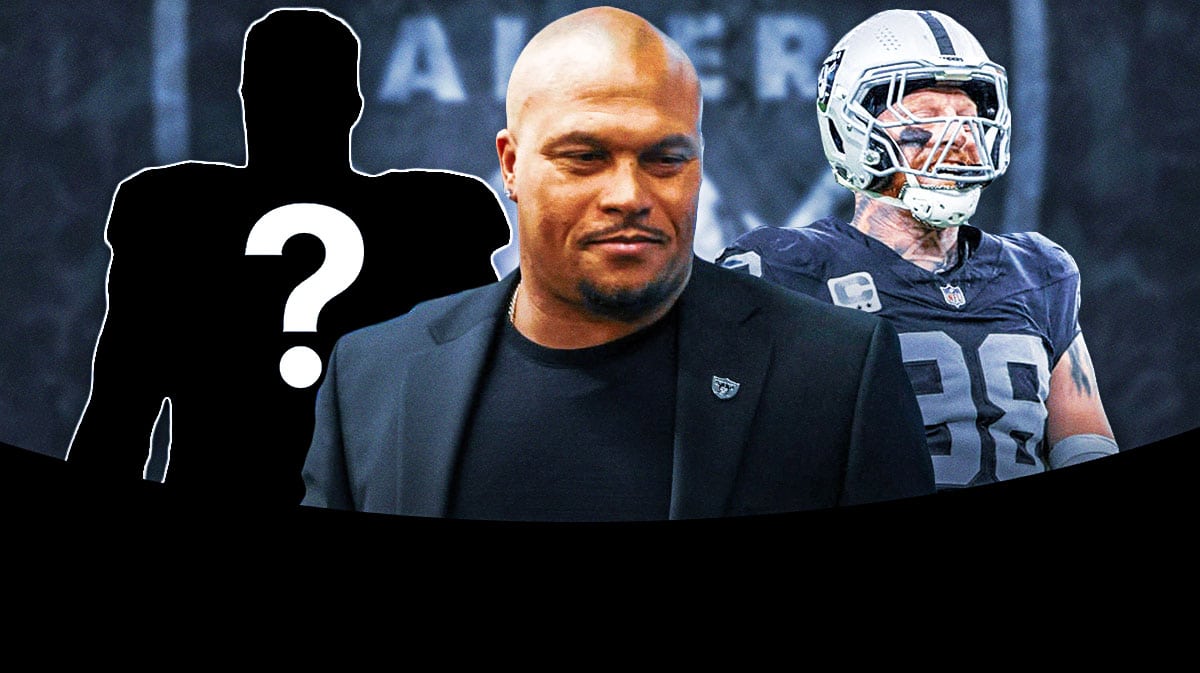Las Vegas Raiders head coach Antonio Pierce with defensive end Maxx Crosby and two silhouettes of American football players with question marks in the middle. There is also a logo for the Las Vegas Raiders.