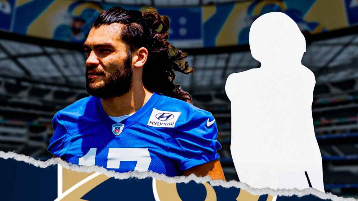 Puka Nacua next to the blacked-out silhouette of Michael Thomas with SoFi Stadium as the background.
