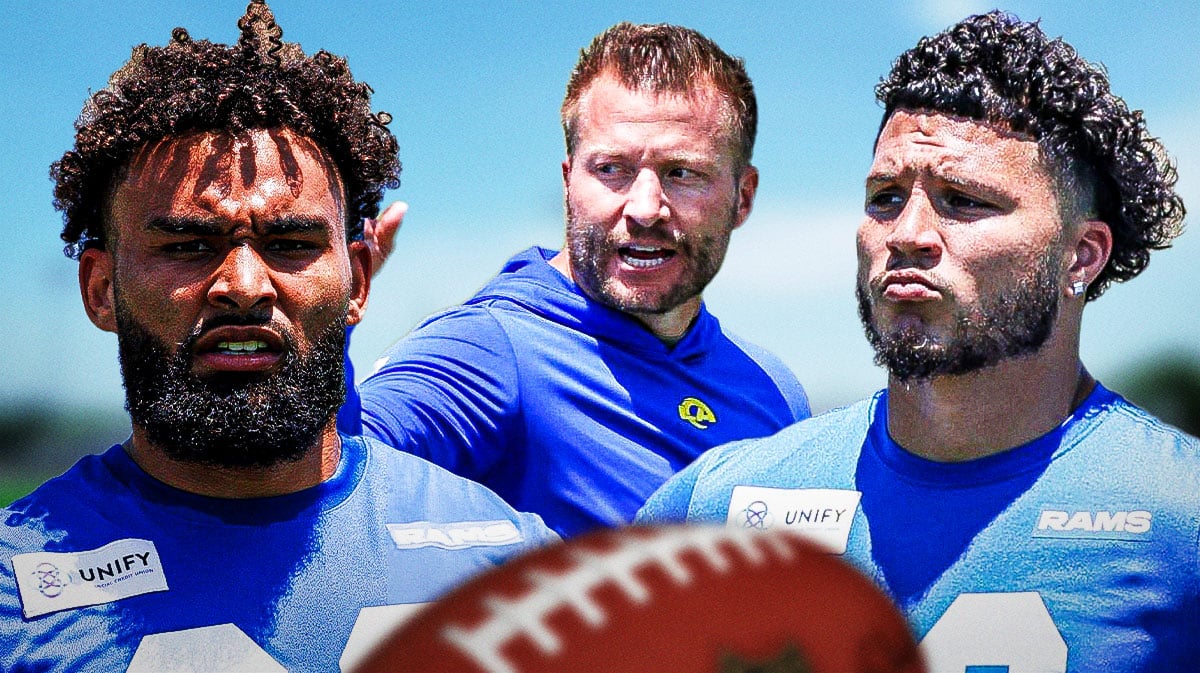 Rams head coach Sean McVay in between running backs Kyren Williams and Blake Corum