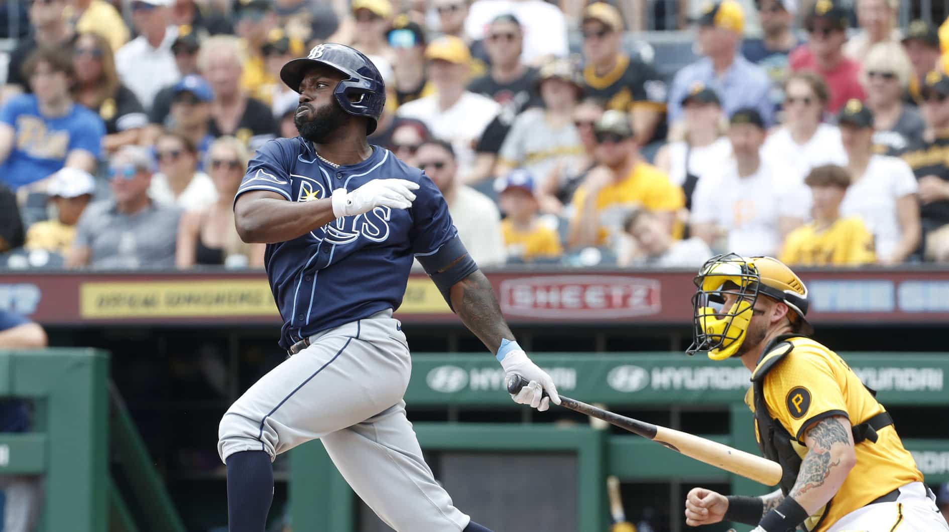 Tampa Bay Rays left fielder Randy Arozarena (56) hits a single against the Pittsburgh Pirates during the third inning at PNC Park. 