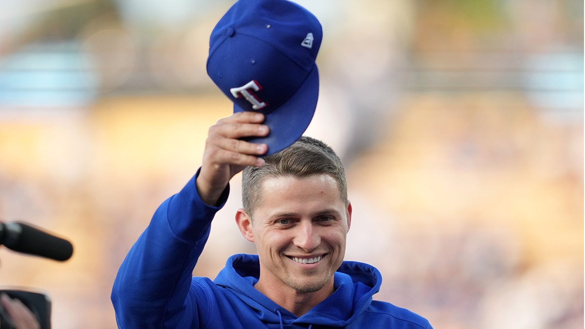 Los Angeles, California, USA; Texas Rangers infielder Corey Seager is recognized before the game against the Los Angeles Dodgers at Dodger Stadium.