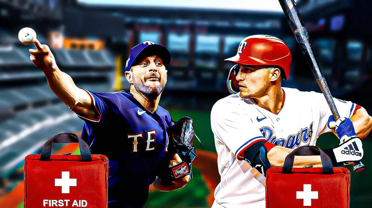 Photo: Max Scherzer, Corey Seager both in action in Rangers jerseys with medical kit beside them, Globe Life Field as background