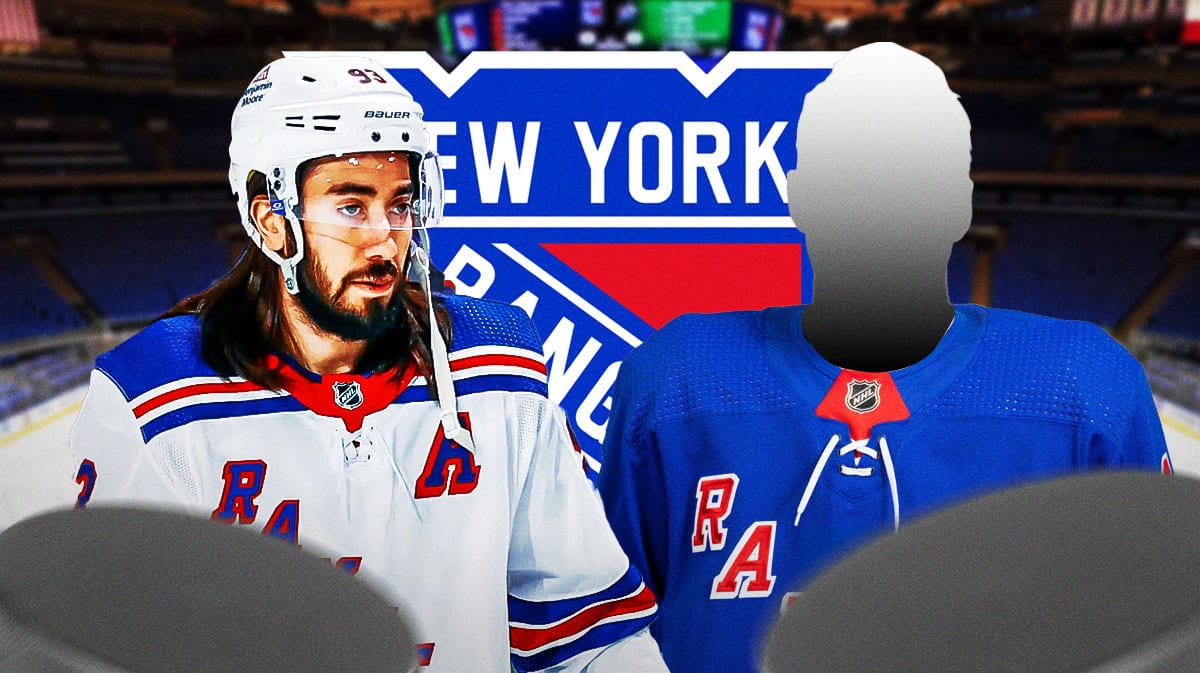 Mika Zibanejad in middle looking stern, one silhouetted New York Rangers player on either side, New York Rangers logo, hockey rink in background