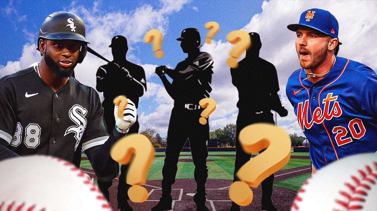 2024 MLB trade deadline candidates Luis Robert Jr and Pete Alonso with several silhouettes of baseball players on either side and question marks all around.