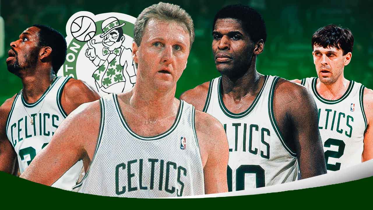 Larry Bird, Kevin McHale, Robert Parish, Cedric Maxwell all together in Celtics gear with Celtics 1981 logo in background