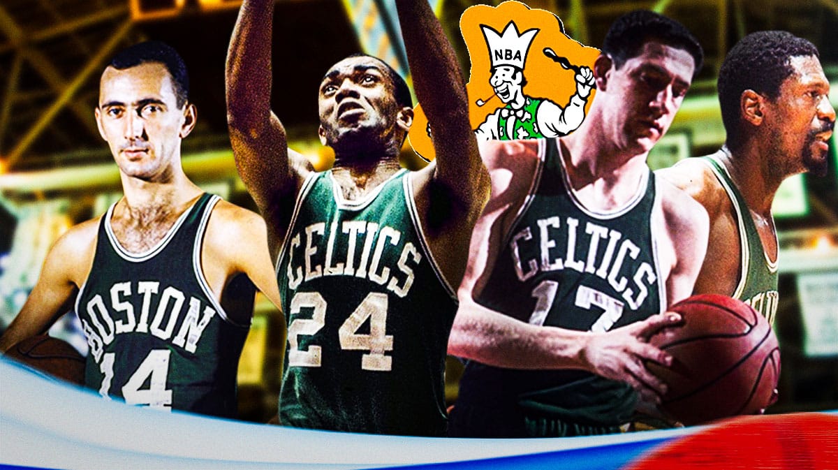 Bob Cousy, Bill Russell, John Havlicek, Sam Jones all together with Celtics 1963 logo in background